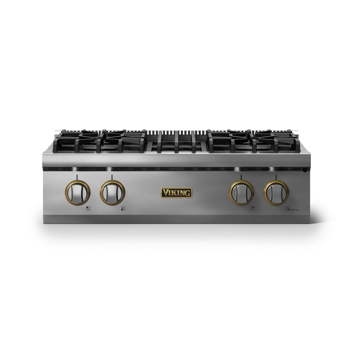30"W. Gas Rangetop (Finish: Stainless Steel, Trim: Brushed Brass, Fuel: Propane)