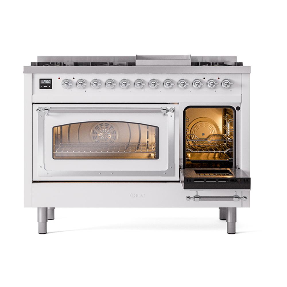 ILVE UN48FNMPRACLP Nostalgie II Noblesse 48 inch Dual Fuel Range (8 Sealed Burners + Griddle, Liquid Propane, Triple Glass Door, RAL, Chrome)