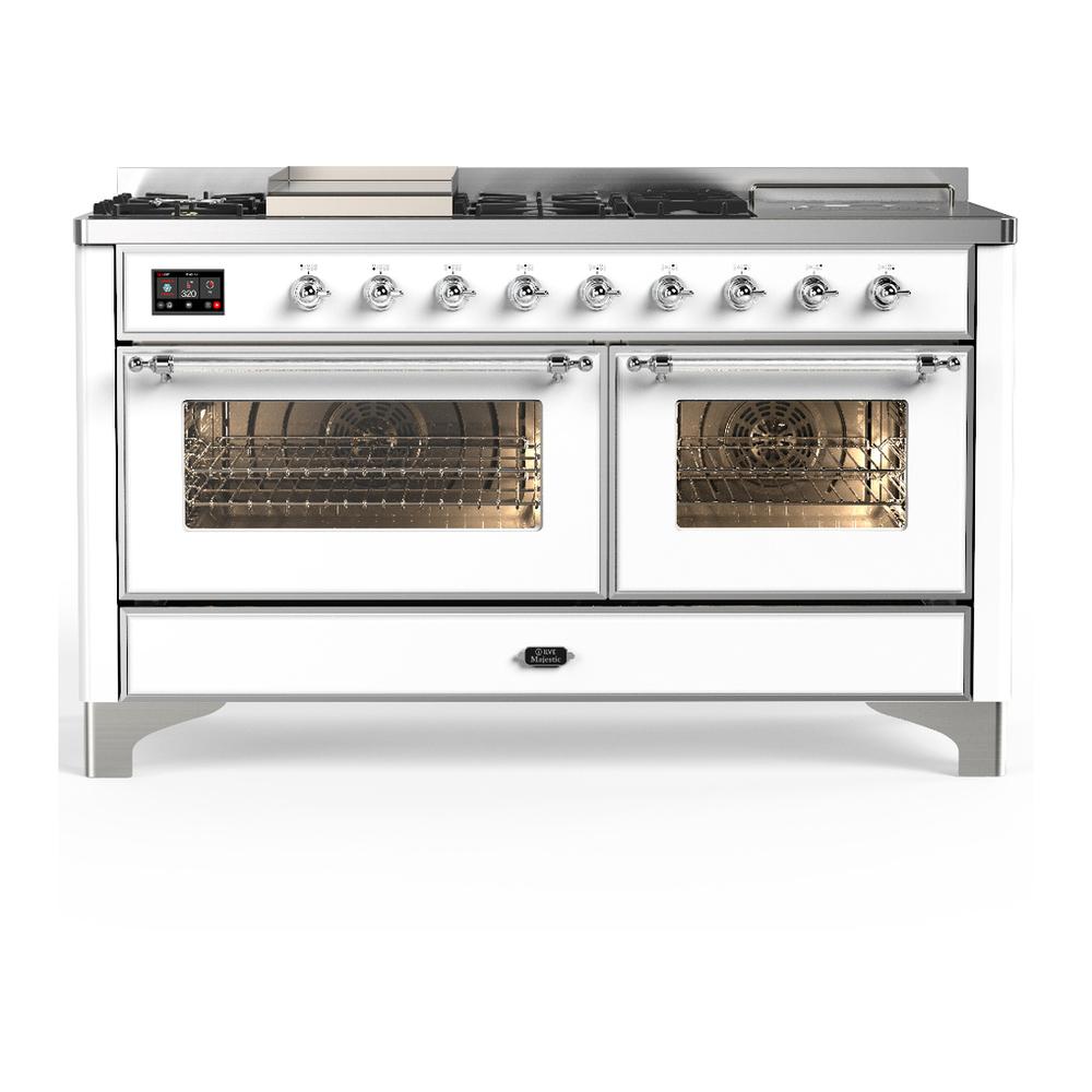 ILVE UM60FSNR3WHC Majestic III 60 inch Dual Fuel Range with 7 Burners, Griddle and French Top, Dual Function Burner with up to 25,000 BTU (Natural Gas, Triple Glass Door, White, Chrome)