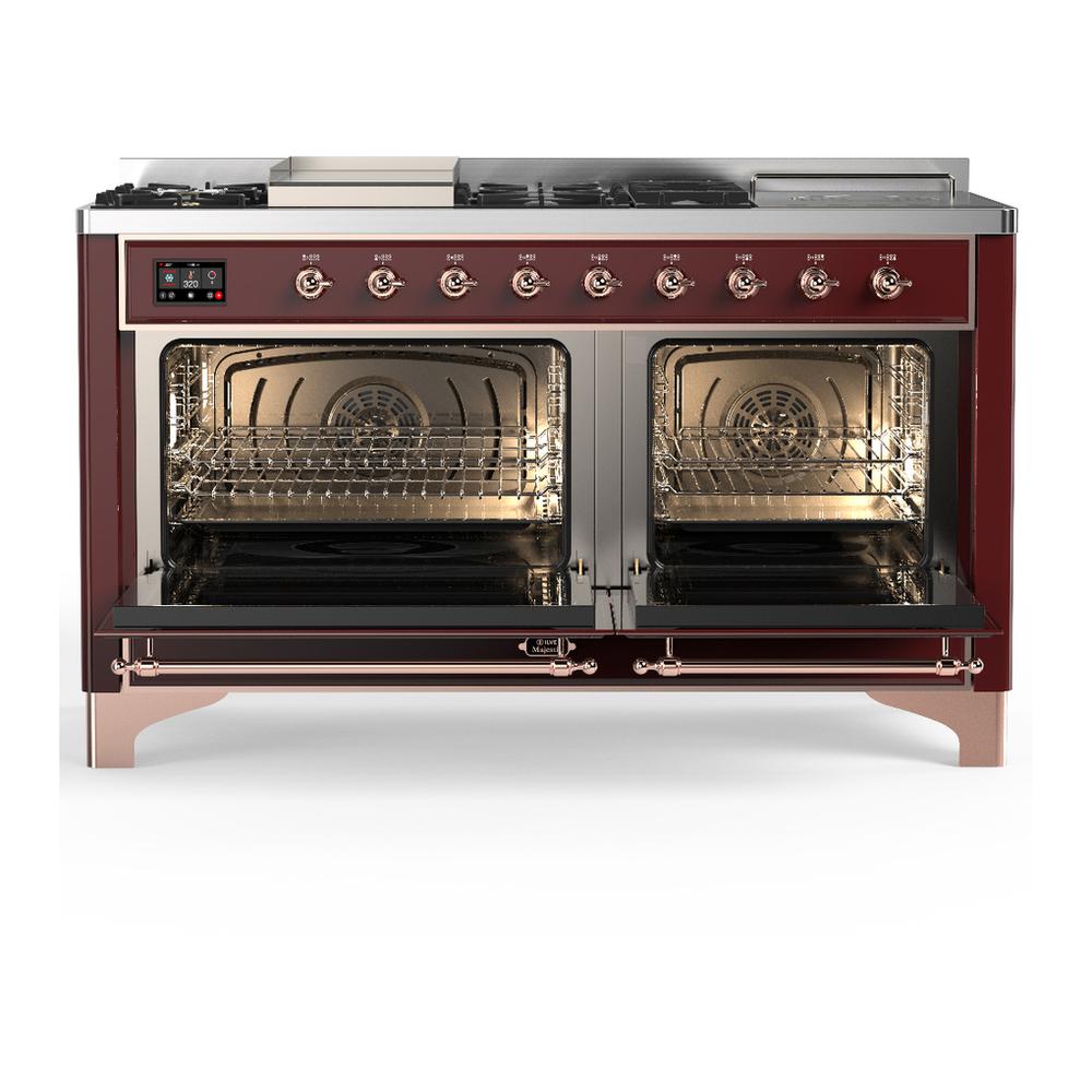 ILVE UM60FSQNR3BUP Majestic III 60 inch Dual Fuel Range with 7 Burners, Griddle and French Top, Dual Function Burner with up to 25,000 BTU (Natural Gas, Solid Door, Burgundy, Copper)