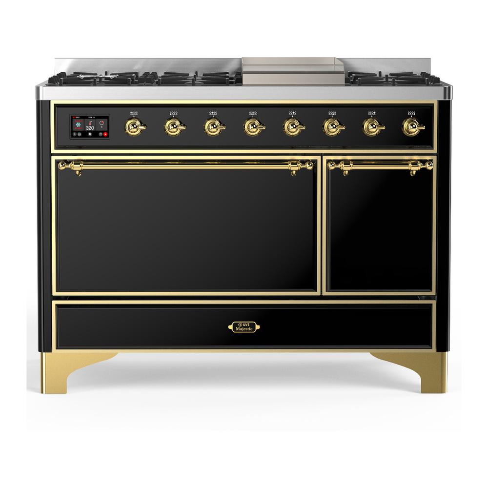 ILVE UM48FQNR3BKGLP Majestic III 48 inch Dual Fuel Range with 8 Burners and Griddle, Dual Function Burner up to 25,000 BTU (Liquid Propane, Solid Door, Glossy Black, Brass)