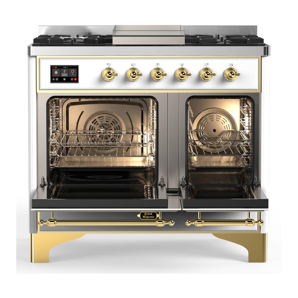 ILVE UMD40FNR3WHG Majestic III 40 inch Dual Fuel Range with 6 Burners and Griddle, Dual Function Burner up to 25,000 BTU (Natural Gas, Triple Glass Door, White, Brass)