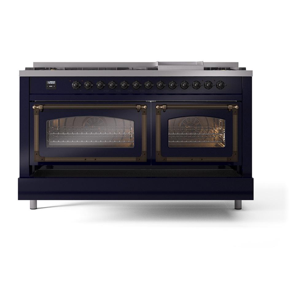 ILVE UN60FNMPMBBLP Nostalgie II Noblesse 60 inch Dual Fuel Range (9 Sealed Burners + Griddle, Liquid Propane, Triple Glass Door, Midnight Blue, Burnished)