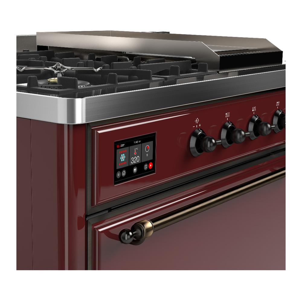 ILVE UM48FSQNR3BUBLP Majestic III 48 inch Dual Fuel Range with 5 Black Brass Burners, Griddle and French Top, Dual Function Burner up to 25,000 BTU (Liquid Propane, Solid Door, Burgundy, Burnished)