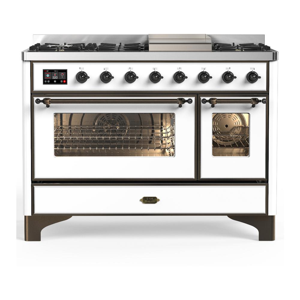 ILVE UM48FNR3WHB Majestic III 48 inch Dual Fuel Range with 8 Burners and Griddle, Dual Function Burner up to 25,000 BTU (Natural Gas, Triple Glass Door, White, Burnished)