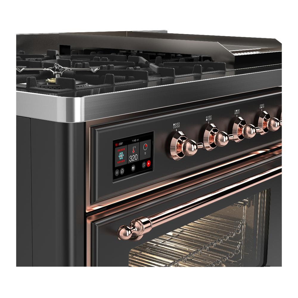 ILVE UM48FNR3MGP Majestic III 48 inch Dual Fuel Range with 8 Burners and Griddle, Dual Function Burner up to 25,000 BTU (Natural Gas, Triple Glass Door, Graphite Matte, Copper)