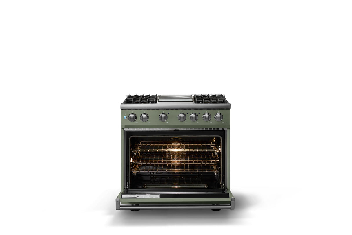 36"W. Dual Fuel Range (Burner: 4g, Finish: Eucalyptus, Trim: Polished Chrome, Fuel: Natural Gas)