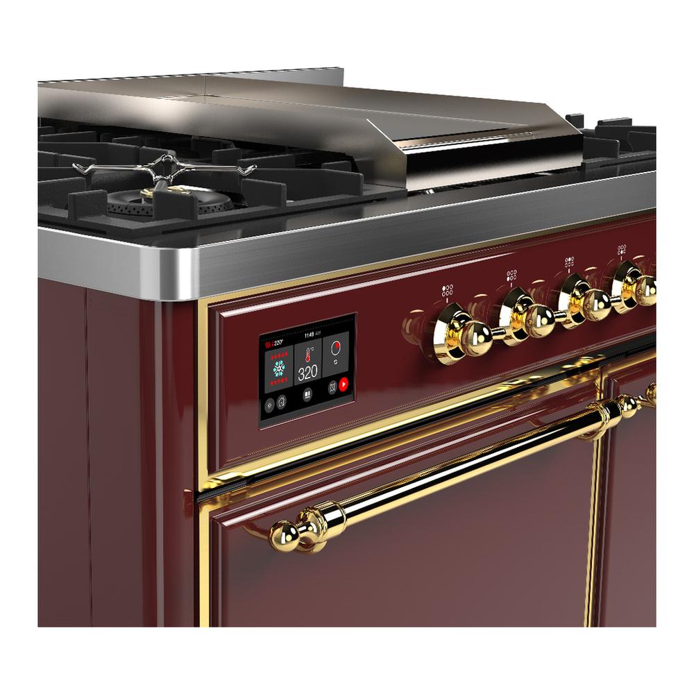 ILVE UMD40FQNR3BUG Majestic III 40 inch Dual Fuel Range with 6 Burners and Griddle, Dual Function Burner up to 25,000 BTU (Natural Gas, Solid Door, Burgundy, Brass)