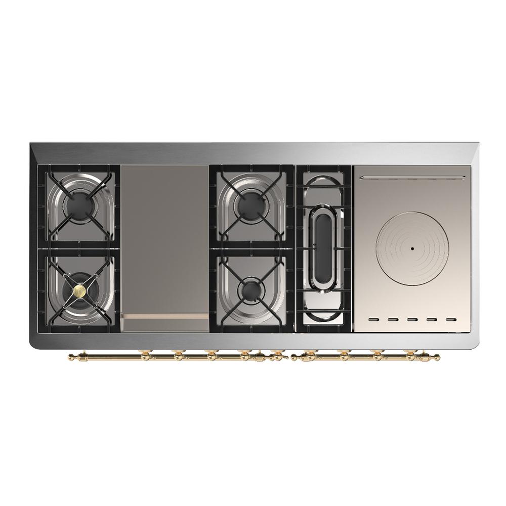 ILVE UM60FSQNR3SSG Majestic III 60 inch Dual Fuel Range with 7 Burners, Griddle and French Top, Dual Function Burner with up to 25,000 BTU (Natural Gas, Solid Door, Stainless Steel, Brass)