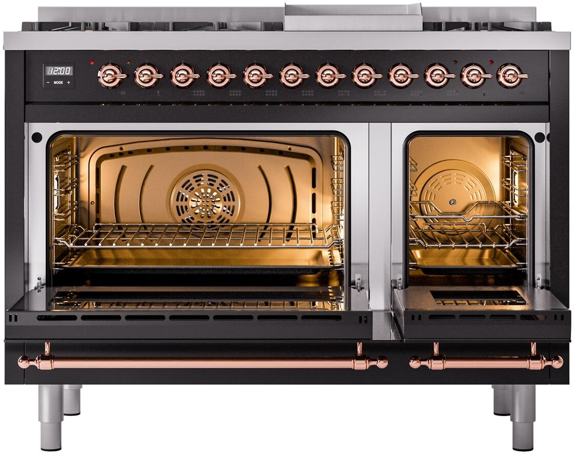 Nostalgie II 48 Inch Dual Fuel Natural Gas Freestanding Range in Glossy Black with Copper Trim