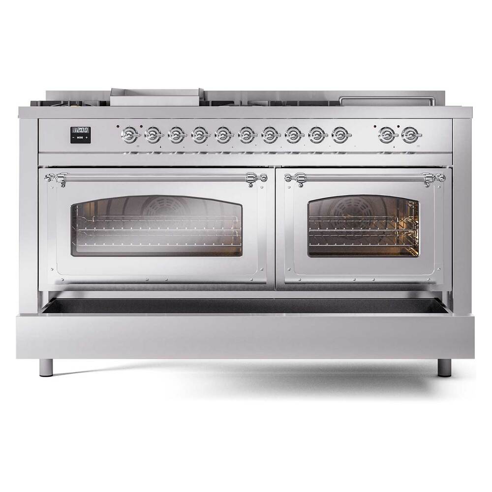 ILVE UN60FSNMPSSCLP Nostalgie II Noblesse 60 inch Dual Fuel Range (7 Sealed Burners + Griddle + French Top, Liquid Propane, Triple Glass Door, Stainless Steel, Chrome)