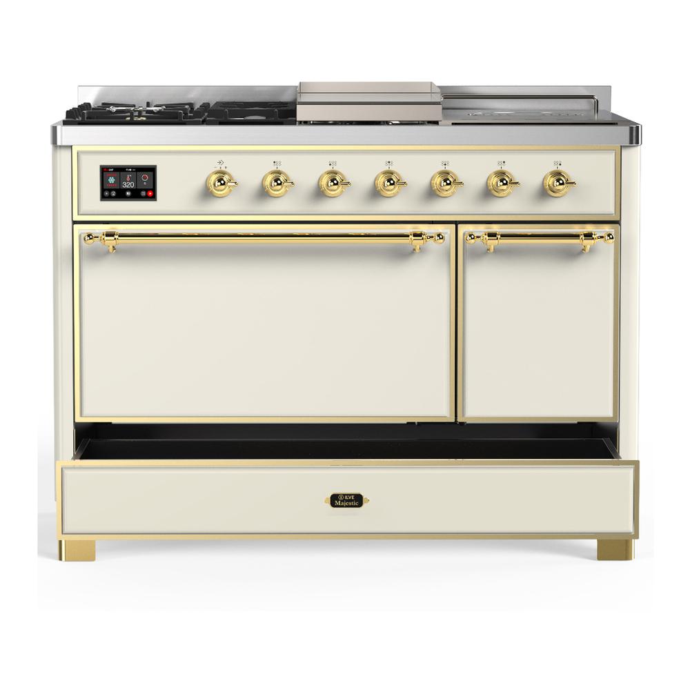 ILVE UM48FSQNR3AWG Majestic III 48 inch Dual Fuel Range with 5 Black Brass Burners, Griddle and French Top, Dual Function Burner up to 25,000 BTU (Natural Gas, Solid Door, Antique White, Brass)