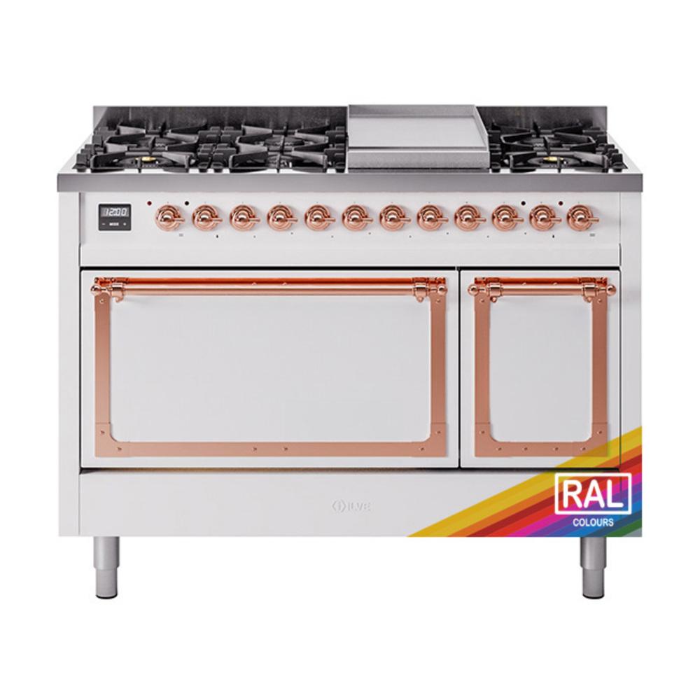 ILVE UN48FQNMPRAP Nostalgie II Noblesse 48 inch Dual Fuel Range (8 Sealed Burners + Griddle, Natural Gas, Solid Door, RAL, Copper)