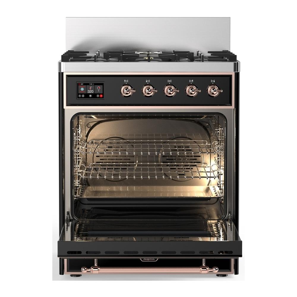 ILVE UM30NR3BKP Majestic III 30 inch Dual Fuel Range with 5 Black Brass Burners, Dual Function Burner up to 25,000 BTU (Natural Gas, Triple Glass Door, Glossy Black, Copper)