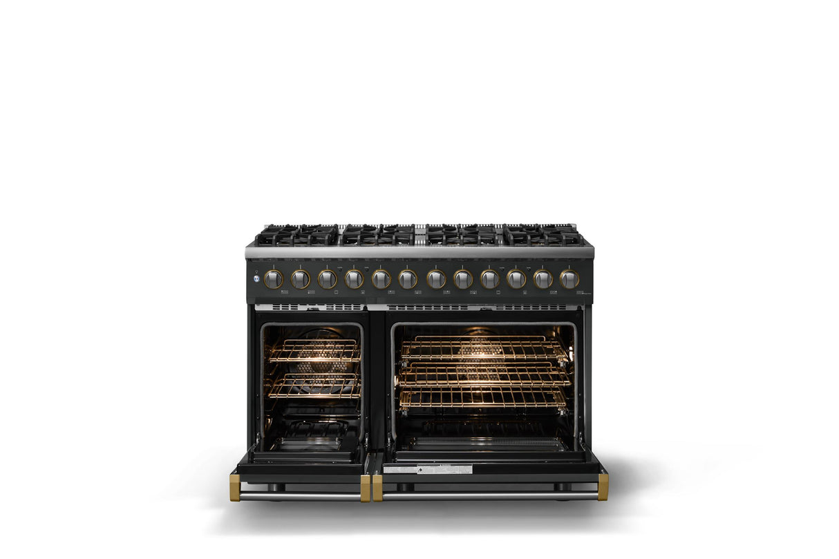 48"W. Dual Fuel Range (Burner: 8b, Finish: Antique Bronze, Trim: Brushed Brass, Fuel: Propane)