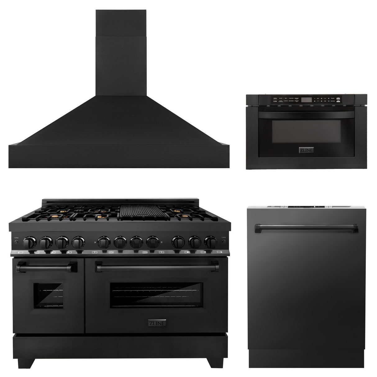 ZLINE 48" Kitchen Package with Black Stainless Steel Dual Fuel Range, Range Hood, Microwave Drawer and Dishwasher(4KP-RABRH48-MWDW)