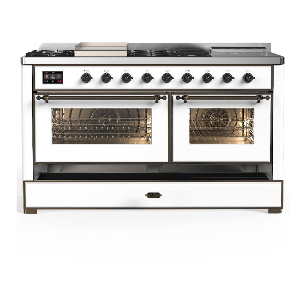 ILVE UM60FSNR3WHBLP Majestic III 60 inch Dual Fuel Range with 7 Burners, Griddle and French Top, Dual Function Burner with up to 25,000 BTU (Liquid Propane, Triple Glass Door, White, Burnished)