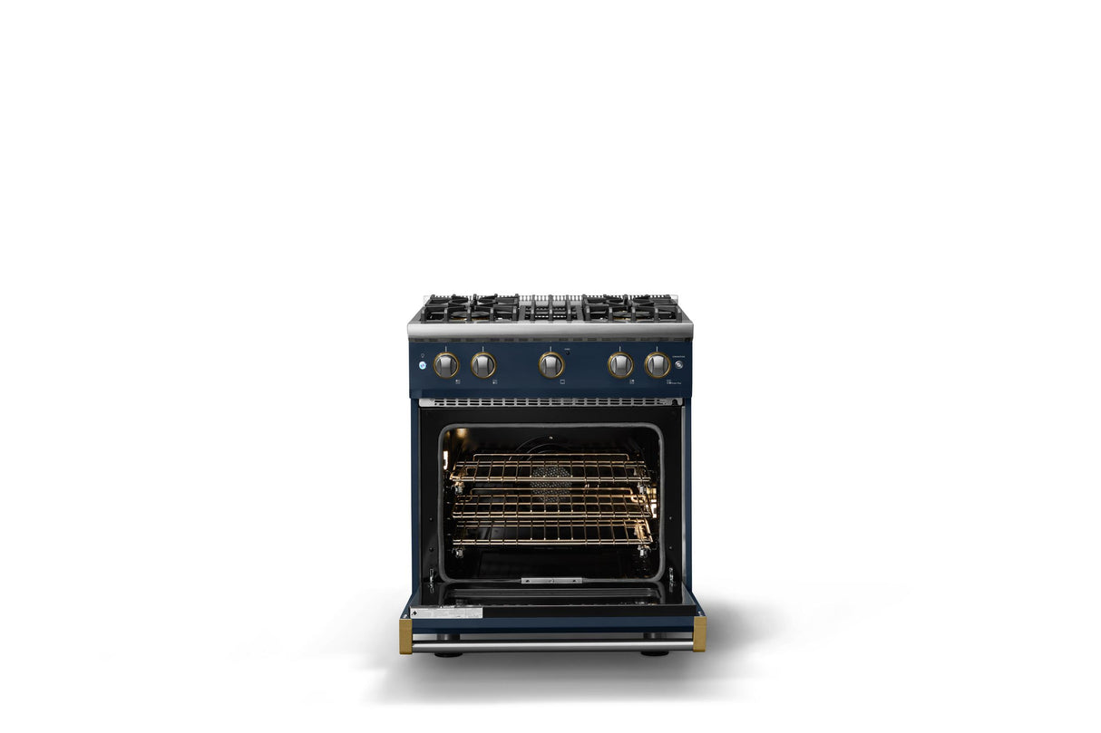 30"W. Sealed Burner Gas Range (Finish: Slate Blue, Trim: Brushed Brass, Fuel: Propane)