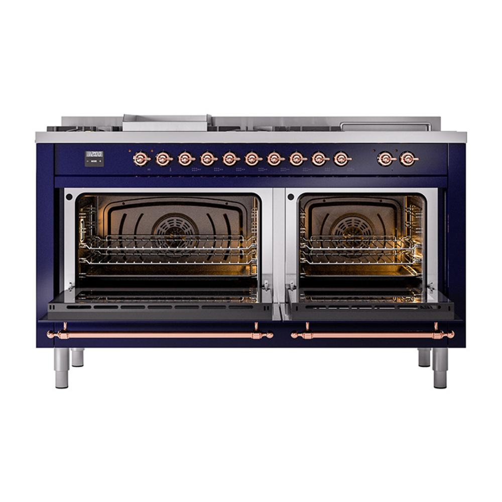 ILVE UN60FSQNMPMBP Nostalgie II Noblesse 60 inch Dual Fuel Range (7 Sealed Burners + Griddle + French Top, Natural Gas, Solid Door, Midnight Blue, Copper)