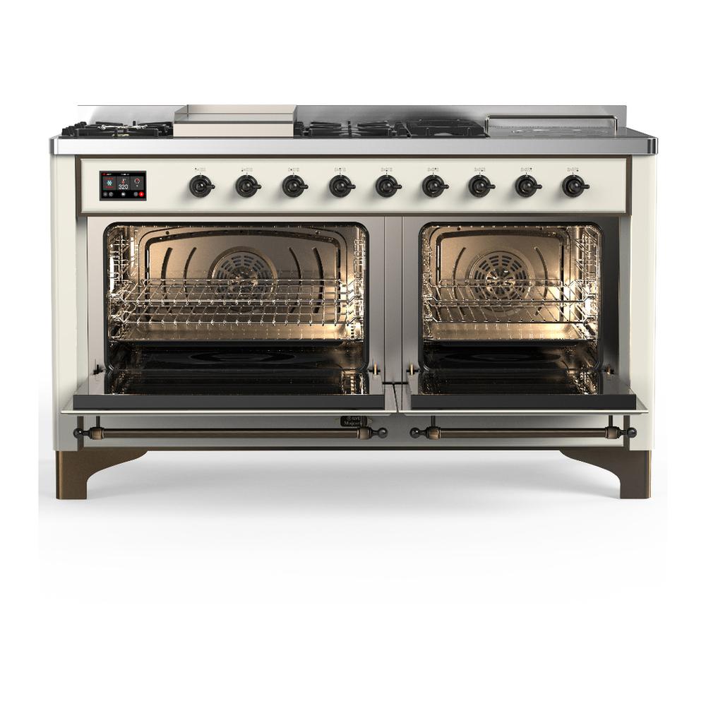 ILVE UM60FSQNR3AWBLP Majestic III 60 inch Dual Fuel Range with 7 Burners, Griddle and French Top, Dual Function Burner with up to 25,000 BTU (Liquid Propane, Solid Door, Antique White, Burnished)