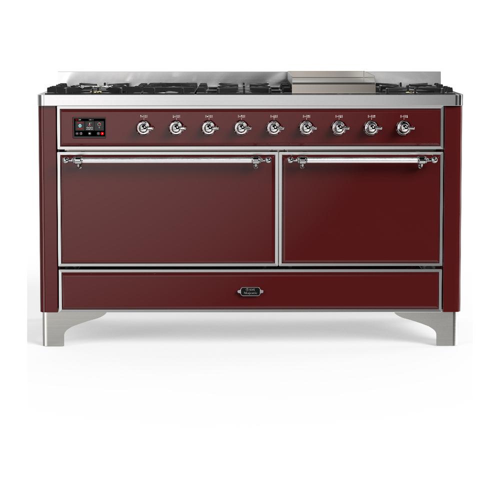 ILVE UM60FQNR3BUCLP Majestic III 60 inch Dual Fuel Range with 9 Burners and Griddle, Dual Function Burner up to 25,000 BTU (Liquid Propane, Solid Door, Burgundy, Chrome)