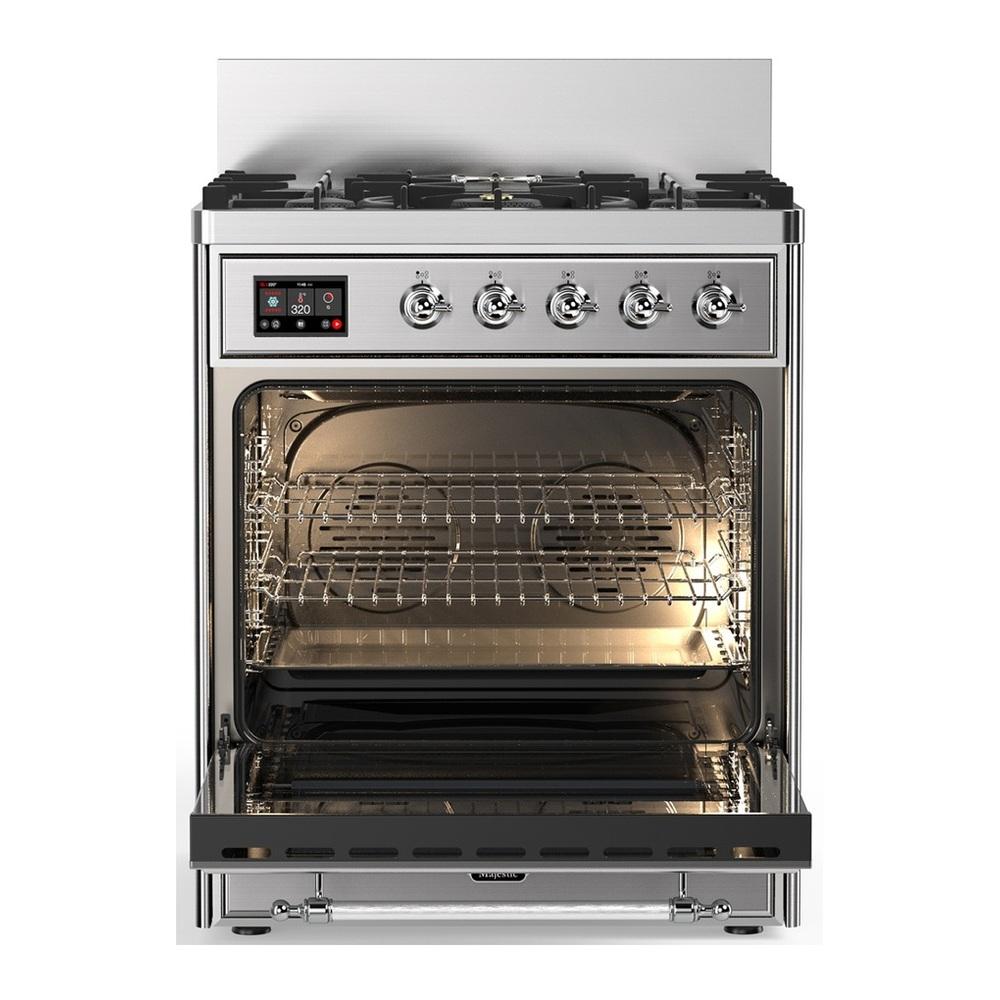 ILVE UM30QNR3SSCLP Majestic III 30 inch Dual Fuel Range with 5 Black Brass Burners, Dual Function Burner up to 25,000 BTU (Liquid Propane, Solid Door, Stainless Steel, Chrome)