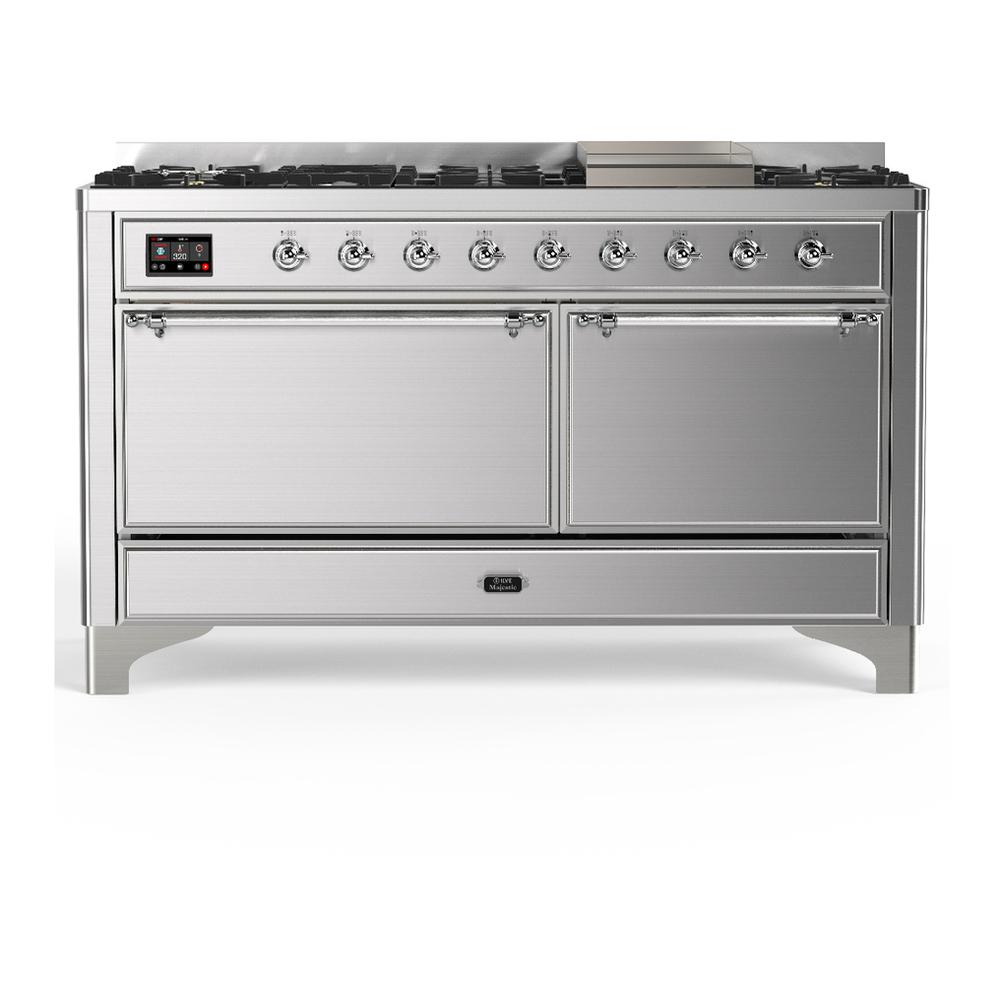 ILVE UM60FQNR3SSCLP Majestic III 60 inch Dual Fuel Range with 9 Burners and Griddle, Dual Function Burner up to 25,000 BTU (Liquid Propane, Solid Door, Stainless Steel, Chrome)