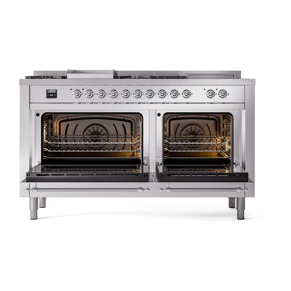 ILVE UN60FSNMPSSCLP Nostalgie II Noblesse 60 inch Dual Fuel Range (7 Sealed Burners + Griddle + French Top, Liquid Propane, Triple Glass Door, Stainless Steel, Chrome)
