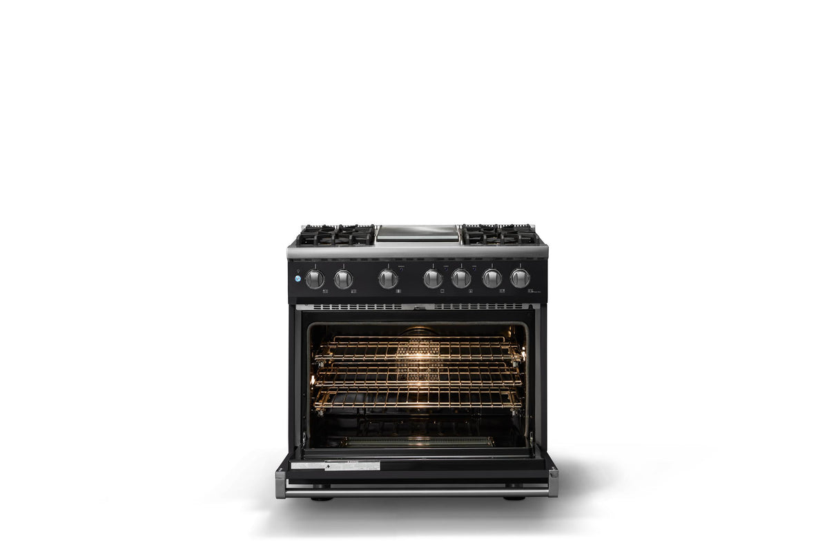36"W. Dual Fuel Range (Burner: 4g, Finish: Onyx, Trim: Polished Chrome, Fuel: Natural Gas)
