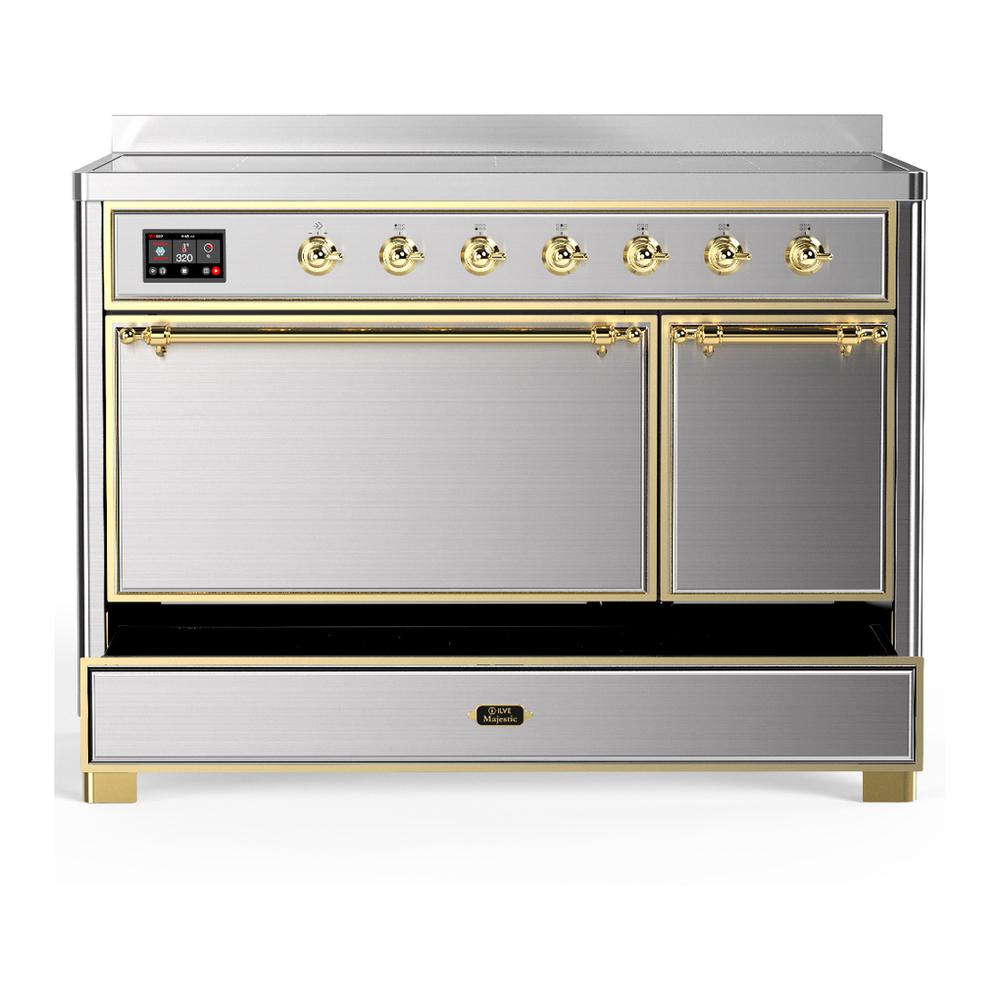ILVE UMIB48QNR3SSG Majestic III 48 inch Induction Range with 6 Elements, 5.02 cu. ft. Total Oven Capacity (Solid Door, Stainless Steel, Brass)