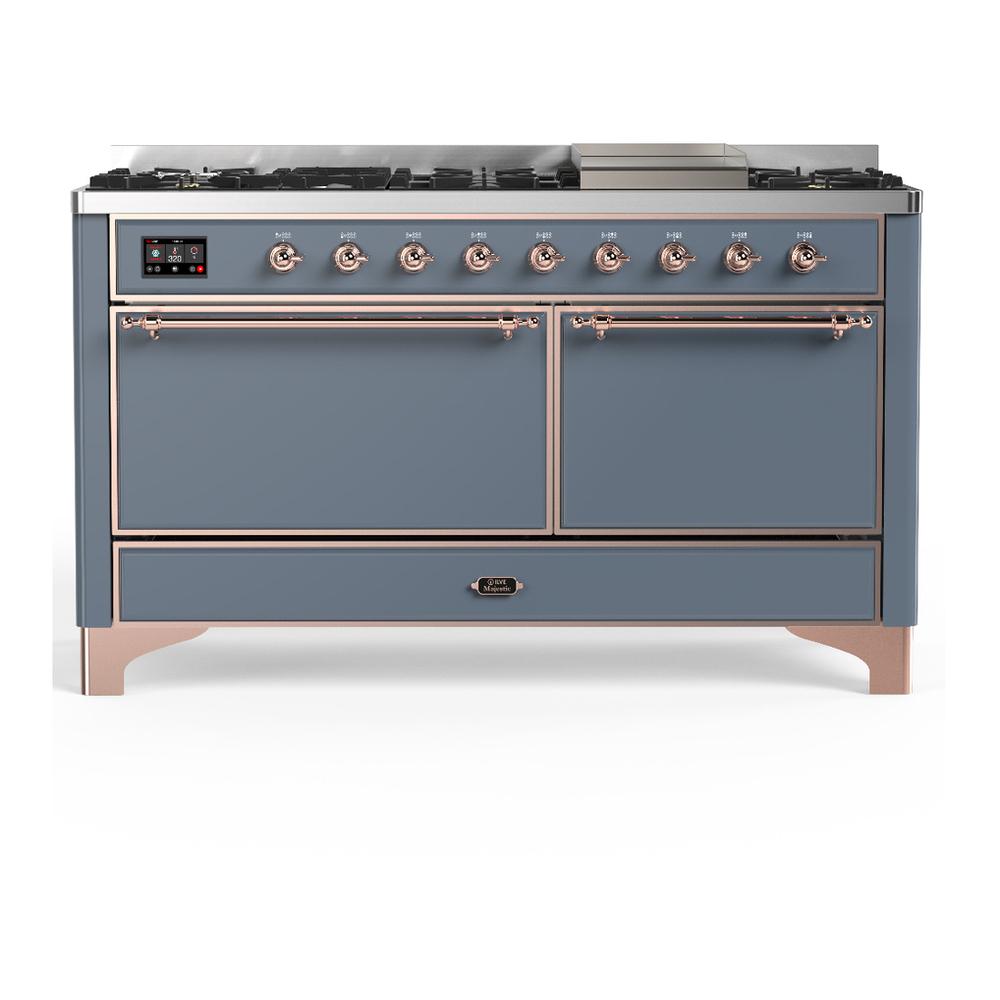 ILVE UM60FQNR3BGP Majestic III 60 inch Dual Fuel Range with 9 Burners and Griddle, Dual Function Burner up to 25,000 BTU (Natural Gas, Solid Door, Blue Grey, Copper)
