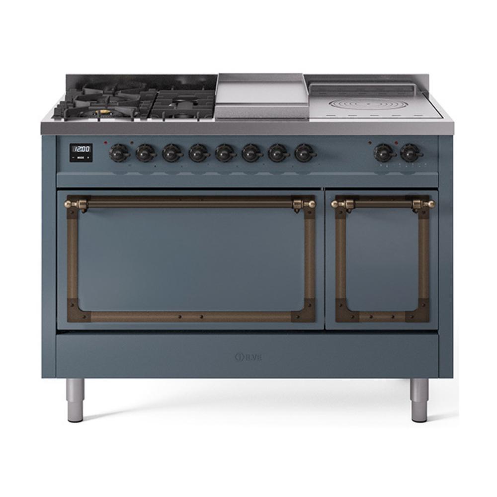ILVE UN48FSQNMPBGBLP Nostalgie II Noblesse 48 inch Dual Fuel Range (5 Sealed Burners + Griddle + French Top, Liquid Propane, Solid Door, Blue Grey, Burnished)