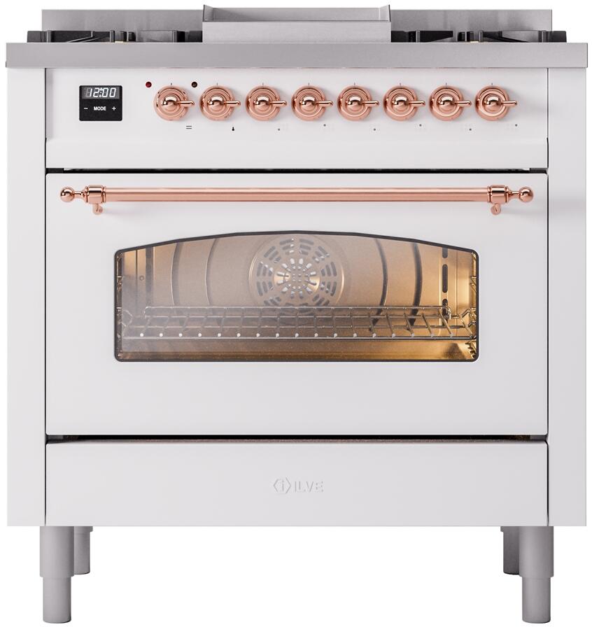 Nostalgie II 36 Inch Dual Fuel Natural Gas Freestanding Range in White with Copper Trim