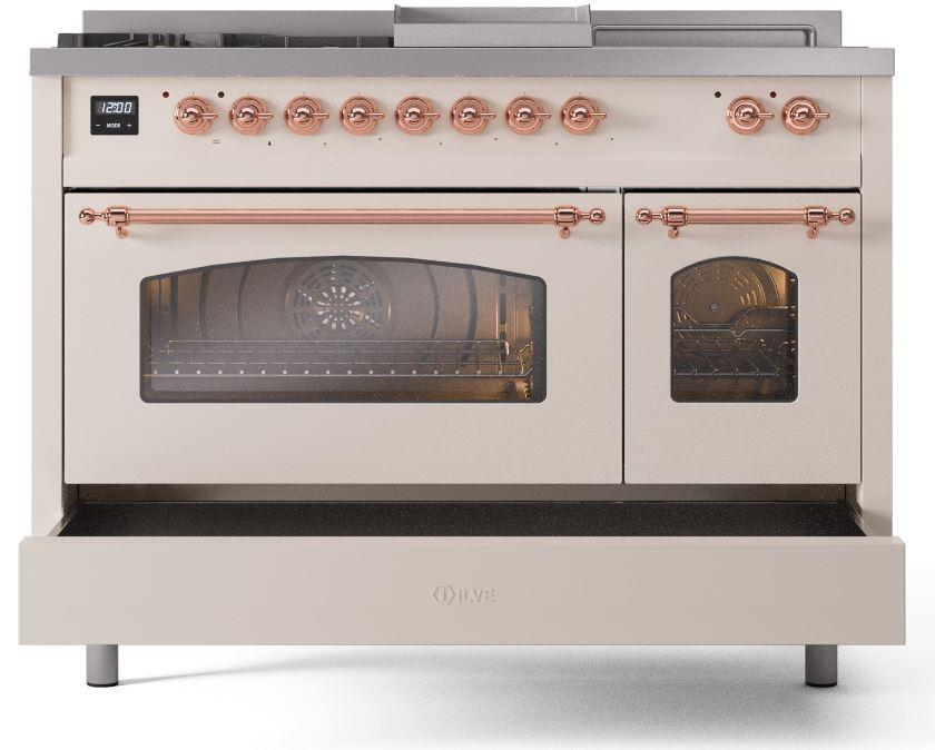 Nostalgie II 48 Inch Dual Fuel Natural Gas Freestanding Range in Antique White with Copper Trim