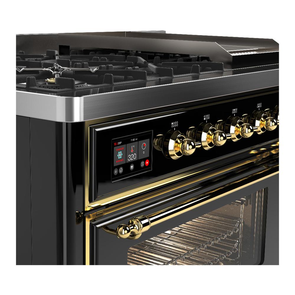 ILVE UM48FNR3BKG Majestic III 48 inch Dual Fuel Range with 8 Burners and Griddle, Dual Function Burner up to 25,000 BTU (Natural Gas, Triple Glass Door, Glossy Black, Brass)