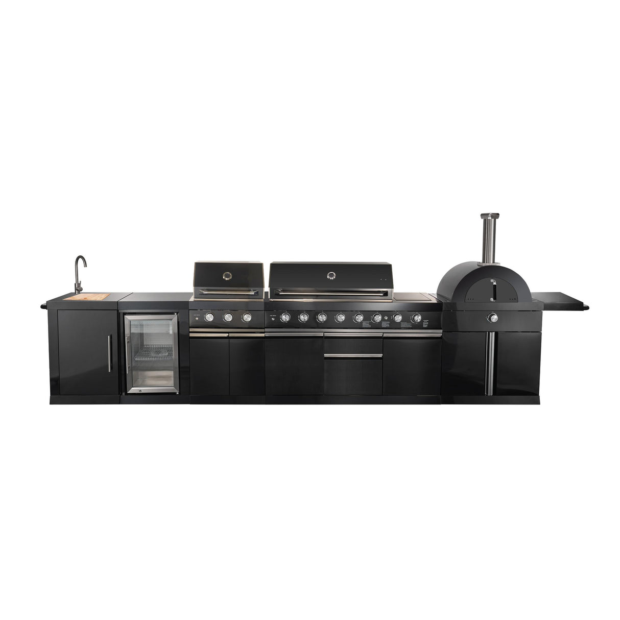 Forno All Aperto 99,600 BTU Outdoor Kitchen, 5 Burners, Infrared Burners, Side Burner, Black Sintered Stone Countertops, Gas Pizza Oven, Sink Module, Bar & Beverage Center