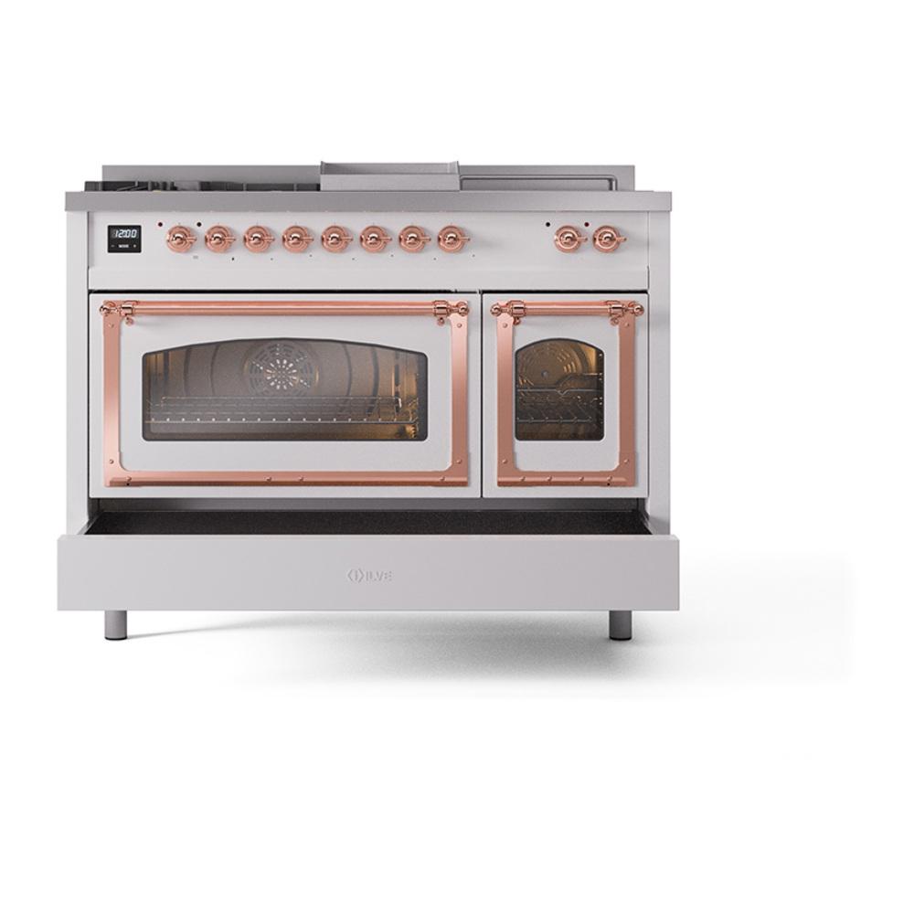 ILVE UN48FSNMPRAP Nostalgie II Noblesse 48 inch Dual Fuel Range (5 Sealed Burners + Griddle + French Top, Natural Gas, Triple Glass Door, RAL, Copper)