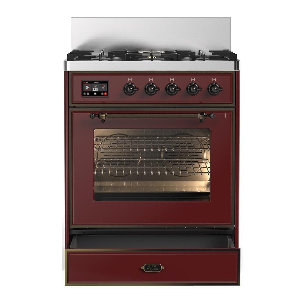 ILVE UM30NR3BUBLP Majestic III 30 inch Dual Fuel Range with 5 Black Brass Burners, Dual Function Burner up to 25,000 BTU (Liquid Propane, Triple Glass Door, Burgundy, Burnished)