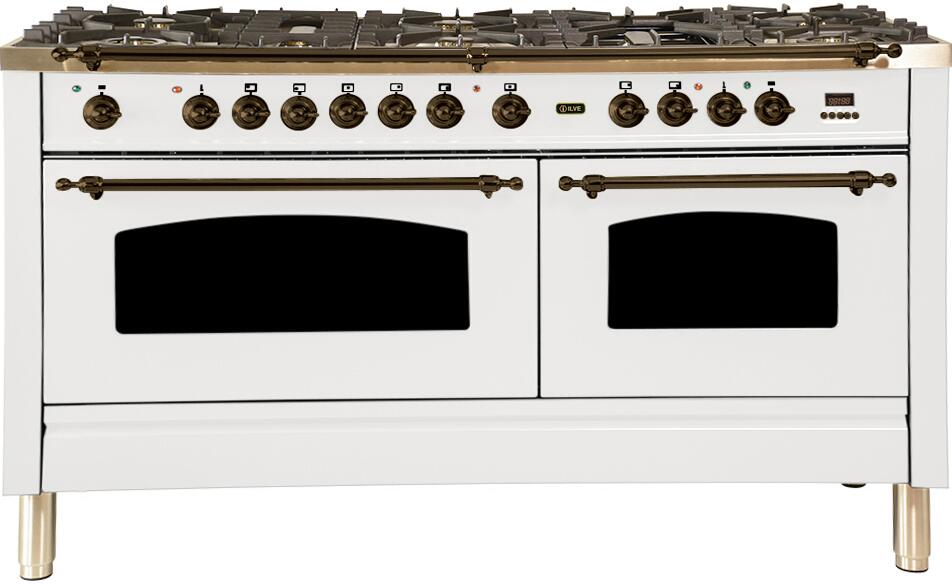 Nostalgie 60 Inch Dual Fuel Natural Gas Freestanding Range in White with Bronze Trim