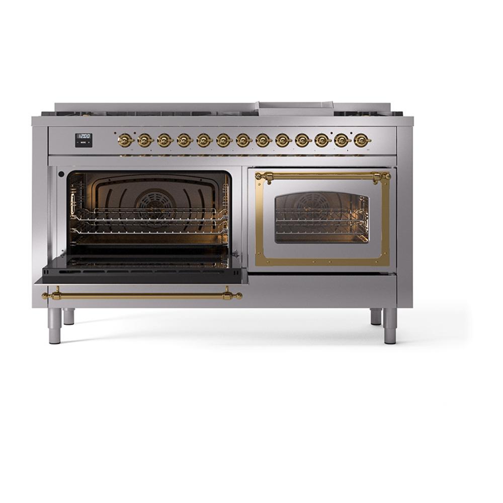 ILVE UN60FNMPSSG Nostalgie II Noblesse 60 inch Dual Fuel Range (9 Sealed Burners + Griddle, Natural Gas, Triple Glass Door, Stainless Steel, Brass)