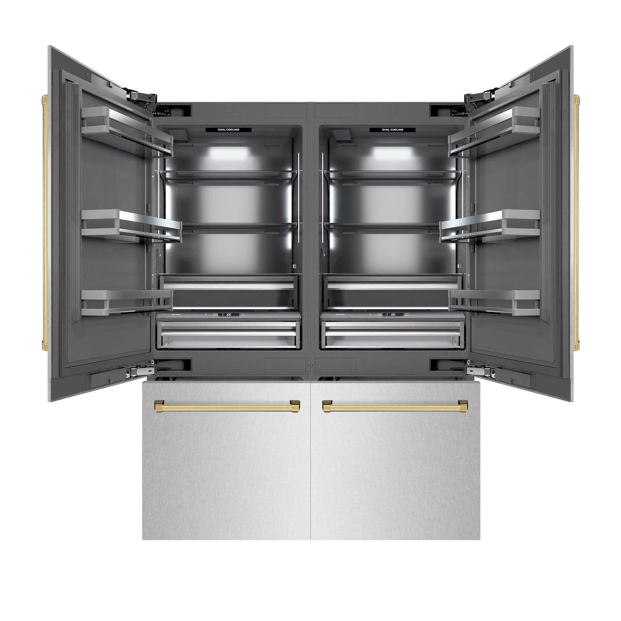 ZLINE Autograph Edition 60 in. 32.2 cu. ft. French Door Built-In Bottom Freezer Refrigerator with Water Dispenser and Ice Maker in DuraSnow' Stainless Steel with Graphite Gray Interior and Polished Gold Accents (GRBIVZ-SN-60-G)