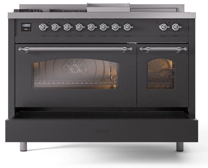 Nostalgie II 48 Inch Dual Fuel Liquid Propane Freestanding Range in Matte Graphite with Chrome Trim
