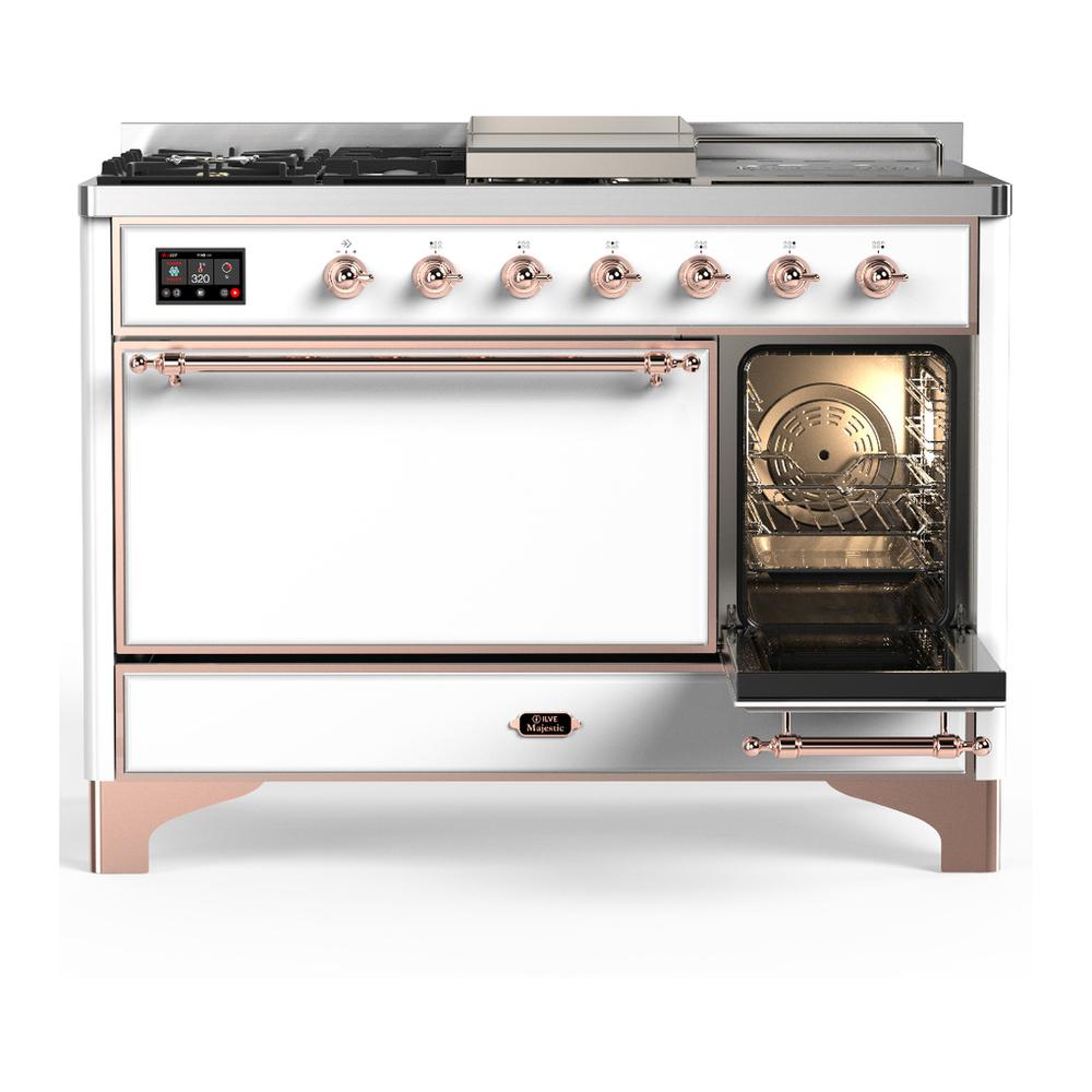 ILVE UM48FSQNR3WHP Majestic III 48 inch Dual Fuel Range with 5 Black Brass Burners, Griddle and French Top, Dual Function Burner up to 25,000 BTU (Natural Gas, Solid Door, White, Copper)