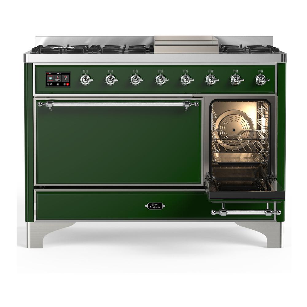 ILVE UM48FQNR3EGC Majestic III 48 inch Dual Fuel Range with 8 Burners and Griddle, Dual Function Burner up to 25,000 BTU (Natural Gas, Solid Door, Emerald Green, Chrome)