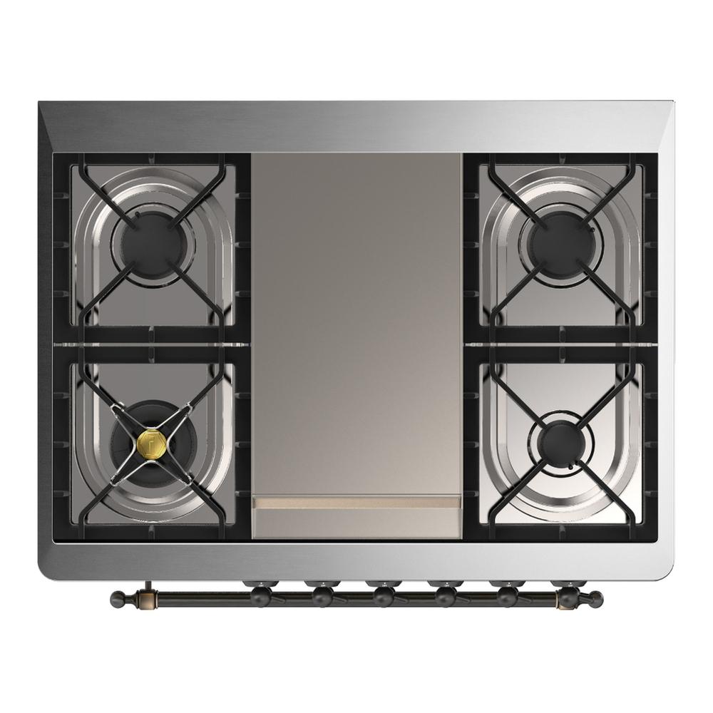ILVE UM36FQNR3WHB Majestic III 36 inch Dual Fuel Range with 6 Black Brass Burners and Griddle, Dual Function Burner up to 25,000 BTU (Solid Door, White, Burnished, Natural Gas)