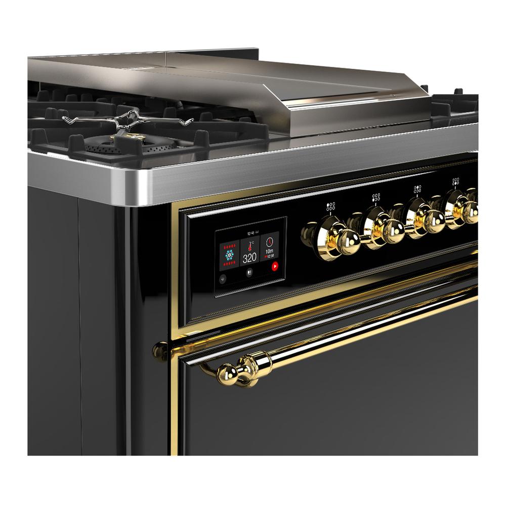 ILVE UM36FQNR3BKG Majestic III 36 inch Dual Fuel Range with 6 Black Brass Burners and Griddle, Dual Function Burner up to 25,000 BTU (Solid Door, Glossy Black, Brass, Natural Gas)
