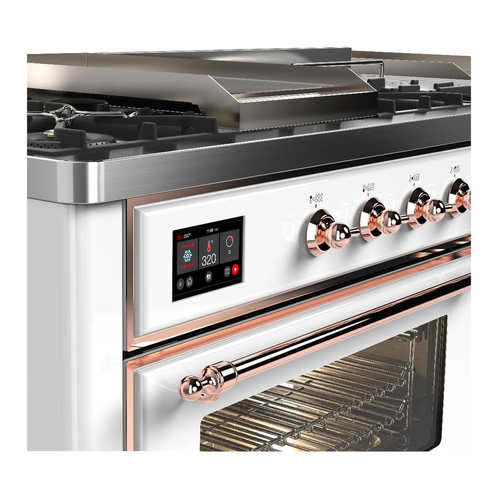 ILVE UM60FSNR3WHPLP Majestic III 60 inch Dual Fuel Range with 7 Burners, Griddle and French Top, Dual Function Burner with up to 25,000 BTU (Liquid Propane, Triple Glass Door, White, Copper)