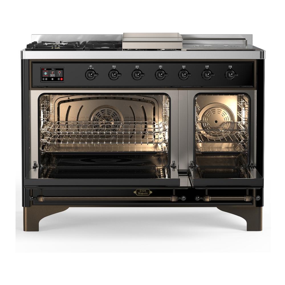 ILVE UM48FSQNR3BKB Majestic III 48 inch Dual Fuel Range with 5 Black Brass Burners, Griddle and French Top, Dual Function Burner up to 25,000 BTU (Natural Gas, Solid Door, Glossy Black, Burnished)