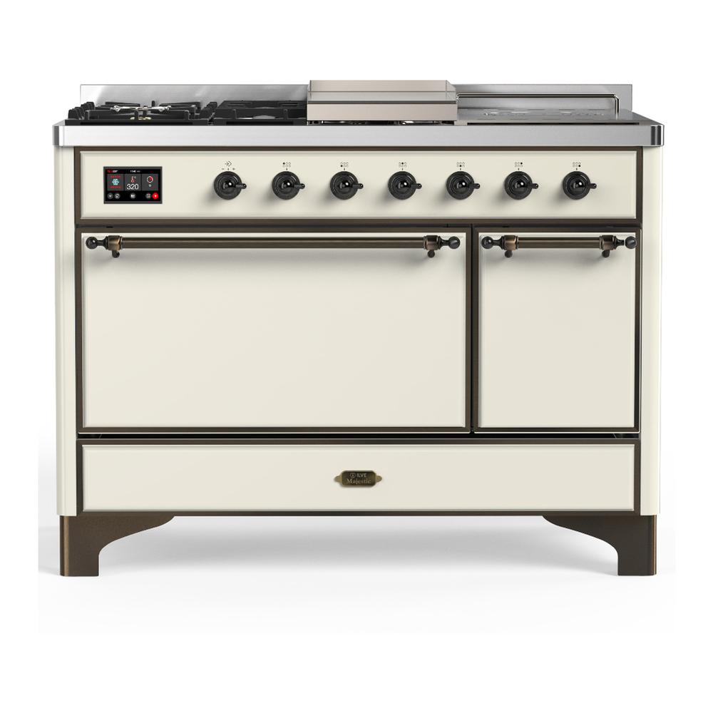 ILVE UM48FSQNR3AWB Majestic III 48 inch Dual Fuel Range with 5 Black Brass Burners, Griddle and French Top, Dual Function Burner up to 25,000 BTU (Natural Gas, Solid Door, Antique White, Burnished)