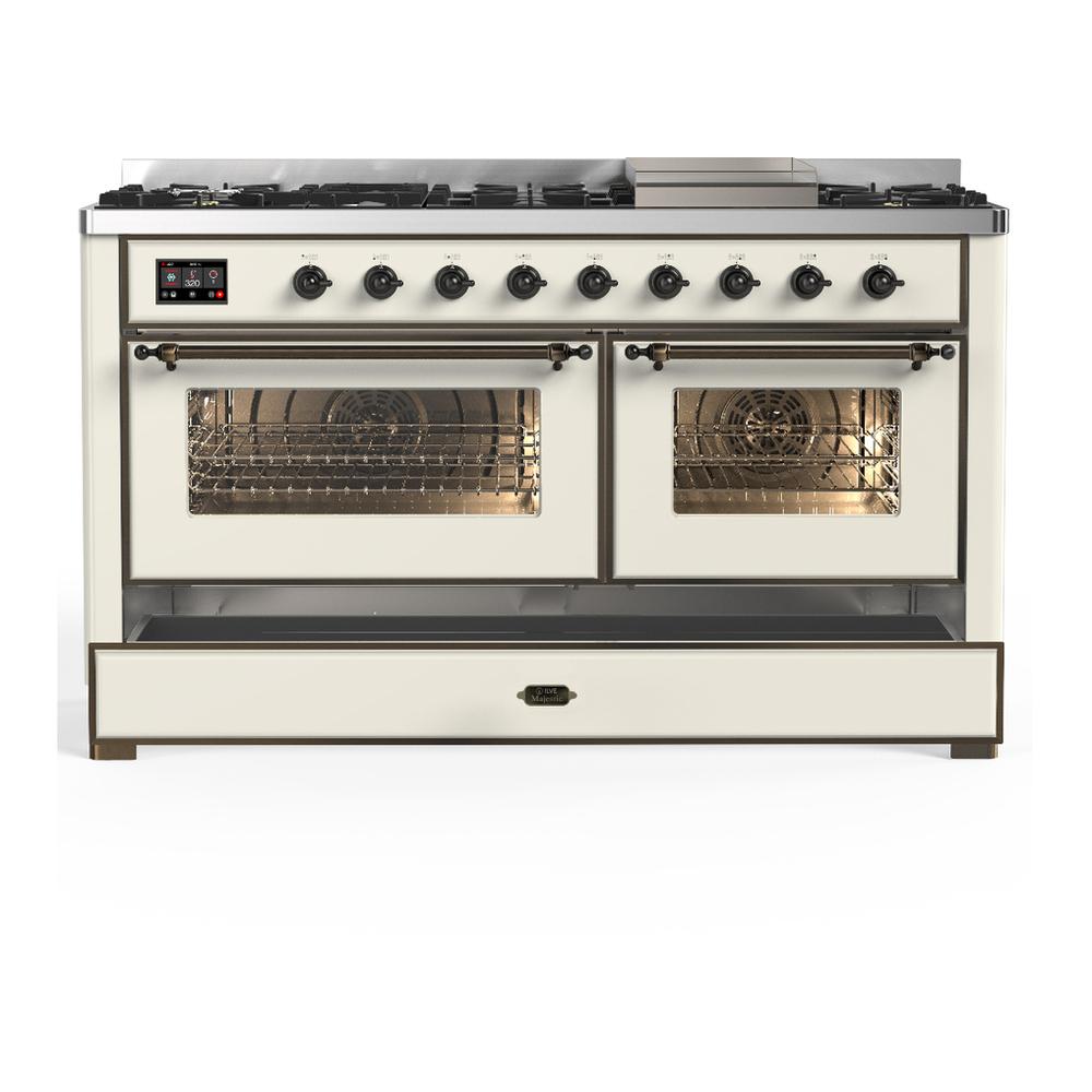 ILVE UM60FNR3AWBLP Majestic III 60 inch Dual Fuel Range with 9 Burners and Griddle, Dual Function Burner up to 25,000 BTU (Liquid Propane, Triple Glass Door, Antique White, Burnished)